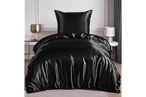 RUIKASI Satynowa pościel 140 x 200 cm, czarna – jedwabista luksusowa poszewka na kołdrę z połyskiem jak jedwab, zestaw pościeli do włosów i skóry, błyszcząca pościel 140 x 200 cm z zamkiem