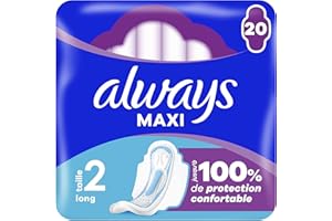 Always Maxi Serviettes Hygiéniques, Taille 2, Long, 20 Serviettes Avec Ailettes, Flux Très Abondants Jour, Cœur Ultra Absorbant et Barrières Anti-Fuites
