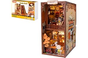 PUREMIND Snoopy PEANUTS Book Nook, 3D träpussel för bokhylla | Officiellt licensierad, varmt ljus, mysig caféscen, DIY-miniat