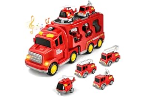 Dcceeo 5 i 1 brandbil leksak, biltransportbil lastbil med 4 mini brandfordon, ljud och lampor friktions brandbil present till