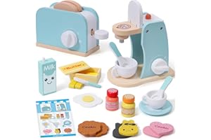 ATOYLINK Cafetera Juguete & Tostadora Juguetes de Madera Accesorios de Cocina con Rebanadas De Pan Manteca Leche Salsa Huevo Cocina Juguete Madera Juego Educativos Regalo para Niñas Niños 3 4 5 6 7 años
