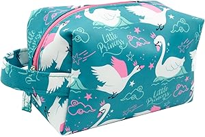 PONETTE - Neceser Infantil de Tejido Verde Turquesa Oscuro con Bonito Estampado de Cisnes con Corona y el Texto Little Princess, Niña, Viaje, Estuche, Bolsa, Colegio, Marca Española