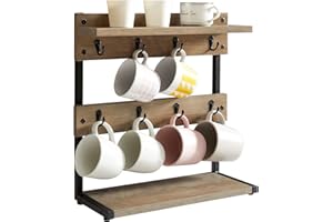 IBUYKE Supporto per tazza da caffè rustico, 2 ripiani da controsoffitto tazza porta albero rack con base di stoccaggio, porta tazze vintage per cucina, contiene 8 tazze, Greige TBJ002Y