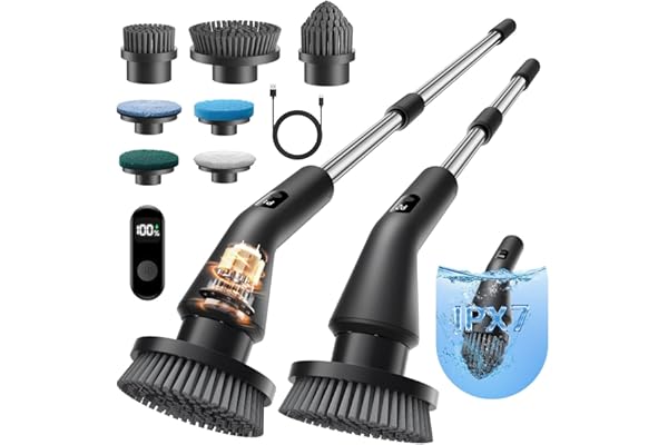 Leebein Brosse Électrique Nettoyage, 2025 Brosse Rotative Améliorée Étanche IPX7 avec 7 Têtes de Brosse, Manche Extensible et 2 Vitesses pour Salle de Bain, Sol, Cuisine et Voiture