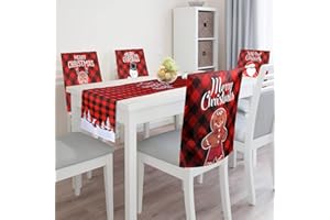 Augot Adornos Navidad Fundas Sillas de Comedor Pack 4 con Camino de Mesa Navideño 180 * 33cm, Xmas Fundas para Sillas de Comedor Decoracion Navidad 50 * 60cm
