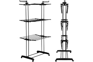 Homra Étendoir Linge Interieur et Exterieur avec Roues - Séchoir à Linge Pliable a 4 Niveaux - Longueur de Séchage de 45m - Seche Linge - Noir