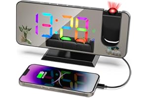 ThreeH Sveglia a Proiezione con 11 Colori RGB Cambiano Display LED a Specchio Orologio Digitale con porta di Ricarica USB Funzione Snooze 6 livelli di Luminosità Regolabile Nero