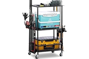 EXTCCT Soporte para cañas de pescar, estante para caña de pescar para 10 cañas - Organizador de equipo de pesca de altura ajustable, solución de almacenamiento para garaje, sótano o interior