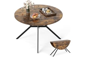 COSTWAY Folding Dining Table for 4-6, 120cm Extendable Round Drop Leaf Table, Space Saving Metal Frame Dinner Table Furniture for Home Kitchen Dining Room Office (Rustic Brown+Black)