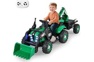 COSTWAY Elektro Traktor mit Anhänger & Schaufel, 12V Aufsitztraktor mit Fernbedienung, Sitzbagger mit LED Lichtern & Musik, Kinderbagger Elektrisch, Elektrotraktor für Kinder ab 3 Jahren (Grün)