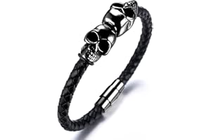 HALUKAKAH ● Asesino ● Pulsera Hombre Cuero Genuina con Cabeza del Cráneo Titanio Acero Inoxidable Negro/Plata/Oro 8.46"(21.5cm) con Caja de Regalo