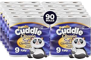Panda Cuddle 3‑Ply Quilted Toilet Paper – Ultra Soft & Gentle Bulk Loo Rolls, Mega Value Pack of 90 Rolls, Sustainable Gentle Bathroom Tissue & Unscented- 90 Pack Bulk Bathroom Tissue