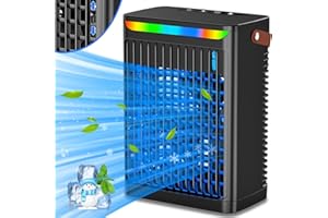 LGTLQT Mini Klimaanlage 5-in-1 Mobile Luftkühler,Tragbarer Klimagerät mit 5 Windgeschwindigkeiten & 2 cooler Nebel,Persönliche kleine Ventilator mit 2/4/6H-Timer und 7 LED-Leuchten für Home Desk Büro-Schwarz