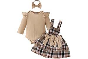 LUVCES Ensemble Jupes Nouveau-né Fille Manche Longue/Courte à Volants Haut + Salopette à Carreaux/Nœud Papillon Robe à Bretelles Automne Hiver Vêtements