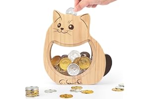 Foyucool Hucha de Madera para Niños, Hucha Ahorro para Niños Niñas, Huchas de Animales para Monedas y Dinero en Efectivo, con Pegatinas DIY, para Cumpleaños y Fiestas, Gato