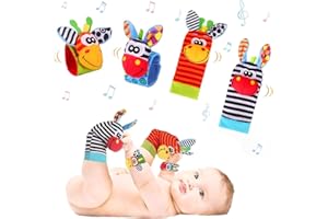 HBSFBH Baby Rasseln Spielzeug, 4 Stück Baby Rasseln Spielzeug Handgelenk und Socken, Rassel Baby Socken, Rasseln Handgelenk, Rassel Baby Plüschtiere Entwicklungs-Spielzeug für 0-12 Monate Neugeborene