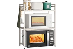 NETEL Soporte para microondas encimera Cocina Organizador hornos estanterías Almacenamiento Extensible microondas Soporte de 40 a 60 cm，con 8 Ganchos, Blanco 3 Niveles