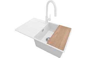 PRIMAGRAN Evier Cuisine en Granit Blanc 78x50cm, Lavabo 1 bac + Robinet 40x20cm + Set d’accessoires, Évier à Encastrer al mueble 50cm - Copenhague