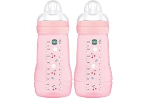 MAM Easy Active Bottles | 2 Pack (2 x 270ml) | Medium Flow MAM Teats Size 2 | Baby Accessories | Pink (Various Designs)