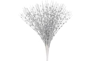 MACTING Artificial Silver Glitter Berry Stem Christmas Ornaments, 12Pcs Christmas Tree Decorations, Bead Sticks Glittery Twigs Home Decor, Branches for Xmas Tree Vase Wedding Party