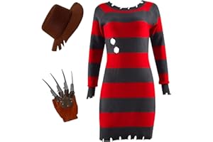 KEJOYOUCOS Krüger Kostüm Damen,3 Set Nightmare Rot Grün Gestreifter Pullover Halloween Horror Kostüm mit Handschuh