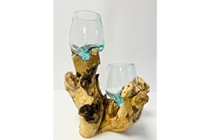 My Square Mile Molten Glass Display Bowl On Wood Root Stand Glass Rustic Ornament Sculpture Key Sweet Display Dish (XXL Tall Double)