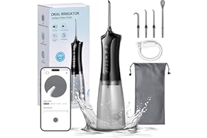 OGVDOE Jet Dentaire Hydropulseur Portable,Irrigateur buccal avec 4 modes,Réservoir d'eau de 350 ml, Nettoyeur de dents électrique étanche IPX7, APP régule la pression de l'eau Pour IOS, IPad et Android Noir