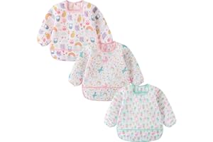 ElecMotive Long Sleeve Bibs 3 Pack Waterproof Sleeved Bib Baby Toddler Soft Bib for 6-30 Months