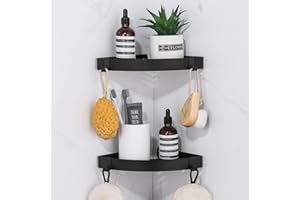 DUFU Duschregal Eckregal, Duschablage Ohne Bohren Badregal Edelstahl Duschkorb Selbstklebend, Ecke Badezimmer Organizer Shampoo Halterung mit 4 Haken für Dusche, 2 Stück Schwarz