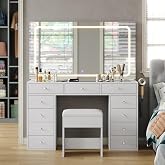 Yanosaku Makeup Vanity with Large LED Mirror, 11 Drawers, Glass Table and Power Outlets, Makeup Vanity with Light and Stool,