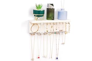BELLE VOUS Organizador de Collares de Pared Blanco Expositor Joyas Organizador con 24 Ganchos - Largo 30,3 cm x Ancho 7,3 cm - Estante Madera para Brazaletes, Pendientes, Anillos