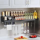 iBELL Multifunctional Wall-Mounted Kitchen Storage Organizer Rack with Spice Shelf, Utensil Hooks & Holder - (IBLDH280)