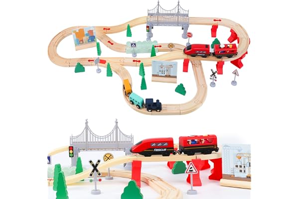 LZDMY Train Electrique Enfant 3 4 5 6 7 8 Ans, 72Pièces Flexible Electrique en Bois Train, Circuit Voiture Enfant Compatible avec Brio, Jouet Cadeau d’Anniversaire Noël Pâques pour Garçon et Fille