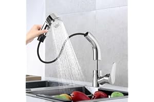 JABNOW Küchenarmatur Ausziehbar, 360° Drehbar Wasserhahn Küche mit 2 Strahlarten Säulentyp Wasserauslass und Duschwasserauslass, Anhebbare Armatur küche, Spültischarmatur für Küchenspüle, Chrom