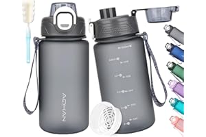 AOHAN Butelka na wodę 600 ml, butelka na napoje z filtrem, sportowa butelka na wodę z motywacyjnym narzędziem do pomiaru czasu i szczotką do butelek, bez BPA, szczelne butelki na wodę do szkoły, biura