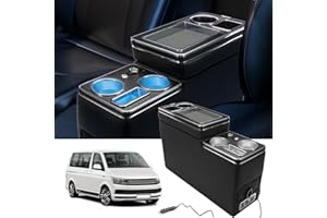 LIROPAU Console Centrale avec étagères de Rangement Compatible avec VW T4 T5 T6 T7 T6.1 2003-2019, Porte-Boisson Téléphone Cuir Noir Brillant Accoudoir avec USB et Lumières LED, Allume-Cigare