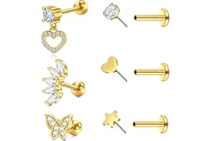 NIUSIMAN Helix Piercings,6 Piezas Piercing Oreja Trago Piercings Plata Helix Piercings Acero Quirúrgico Con Piercing Oreja Corazón Mariposa Piercing Oreja Joyería CZ Labio Piercing Señoras Hombres