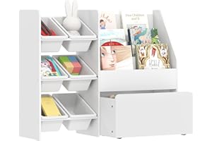 AIYAPLAY Scaffale Portagiochi Bambini, Organizzatore per Giocattoli in Legno FSC con 6 Contenitori Rimovibili, Box Inferiore con Ruote e 3 Ripiani, Mobile Libreria Scaffale per Cameretta, Bianco