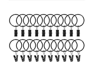 HREDZEO Black Curtain Rod Ring Clips,20 PCS Curtain Rings with Clips Curtain Clips with Rings Rustproof Metal Drapery Ring for Holding Heavy Curtains Rod Set and Drapes 25MM