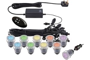 NATIONAL LIGHTING IKON PRO Pack of 10 Multi Colour (RGB) LED 25mm Round Stainless Steel Outdoor Garden Decking Pathway Kitchen Plinth Lights Kit - IP67