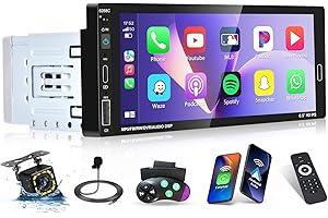 INEFALA Ineafala radio samochodowe 1 Din z ekranem dotykowym o przekątnej 6,9" CarPlay i Android Auto, 1 Din Radio Carplay Bluetooth z radiem FM Mirror Link USB-A i C, TF EQ AUX-IN SWC z pilotem zdalnego