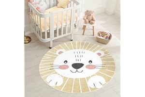 carpet city Teppich Kinderzimmer Tier-Motiv 160 cm Rund - Gelb - Runder Kinderteppich Kurzflor mit Löwe - Weicher Flor
