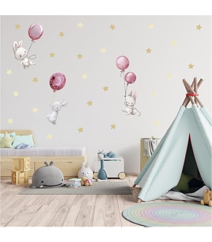 Adesivo Murale Per Cameretta - Coniglietti Con Ombrello - Little Deco DL601 - Made In Germany (53x47 Cm)
