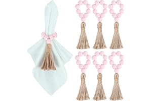 Meplait 6 Pieces Wooden Bead Napkin Rings Boho Napkin Rings for Dining Table, Wedding Decoration (Pink)