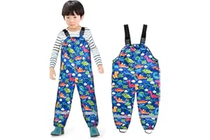 Qiraoxy Toddlers Kids Rain Trousers Windproof Waterproof Dungarees Dinosaur Printed Mud Dirty Proof Suspender Rainwear Pants with Knitted Lined
