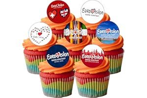 ORANGE TRADING DARTMOUTH LTD 24 Pre-Cut Eurovision Song Contest 2025 Basel, Switzerland Celebration Themed Edible Wafer Paper Cake Toppers Decorations