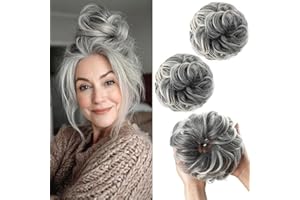 PORSMEER 2 pièces Chignon Postiche Cheveux Grande Postiches Bouclés Ondulés Extensions Chouchou Cheveux Naturel Queue de Cheval Chignon effet decoiffe elastique pour Femmes Fille,Grise