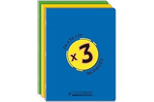 CONQUERANT Conquérant, Lot de 3 Cahiers Classique 24x32 96 Pages Grands Carreaux Seyès Agrafées, Couverture Polypro, Jaune, Vert, Bleu