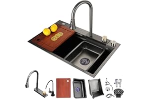 DSMRLEOP Fregadero de cocina de acero inoxidable negro, 65x50cm estación de trabajo multifuncional con grifo de cascada extraíble, lavavajillas de alta presión, sifón con cesta de drenaje