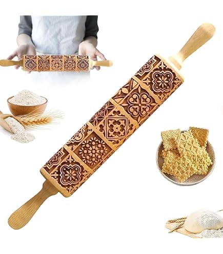 Rouleau à Pâtisserie Noël Bois Sculpté 3D – Embosseur Motifs Festifs 39 Cm, Idéal Biscuits, Fondant, Pâtisserie DIY